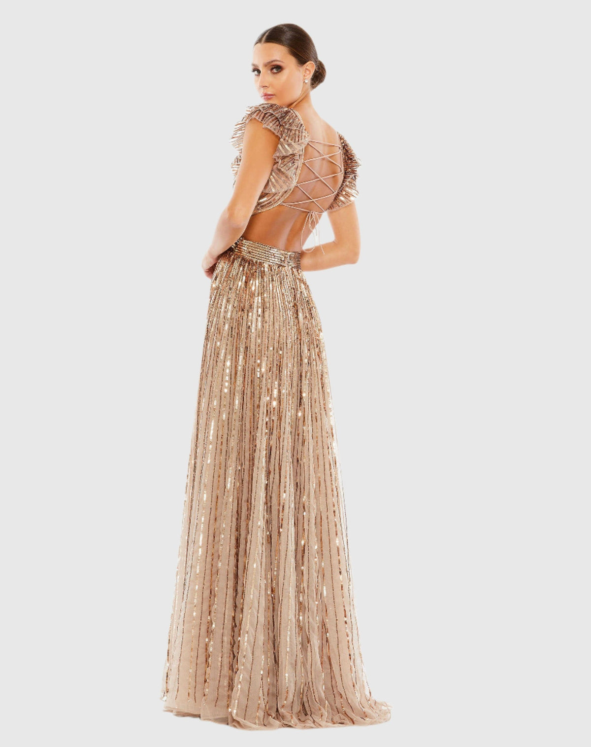 Sequin Cap Sleeve Ruffle Lace Up Gown - Copper