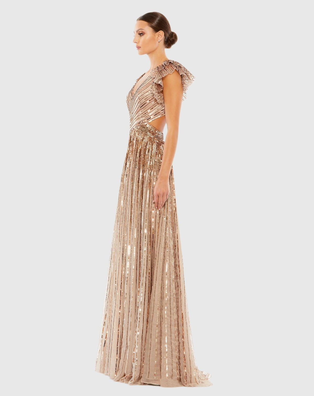 Sequin Cap Sleeve Ruffle Lace Up Gown - Copper