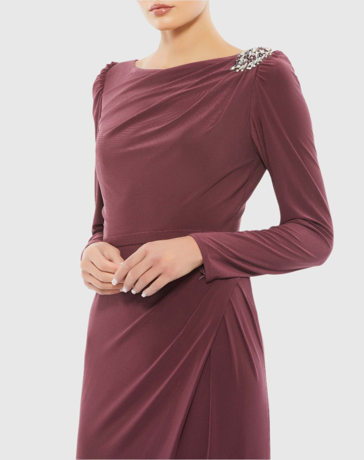Draped Bateau Long Sleeve Trumpet Gown - Mauve