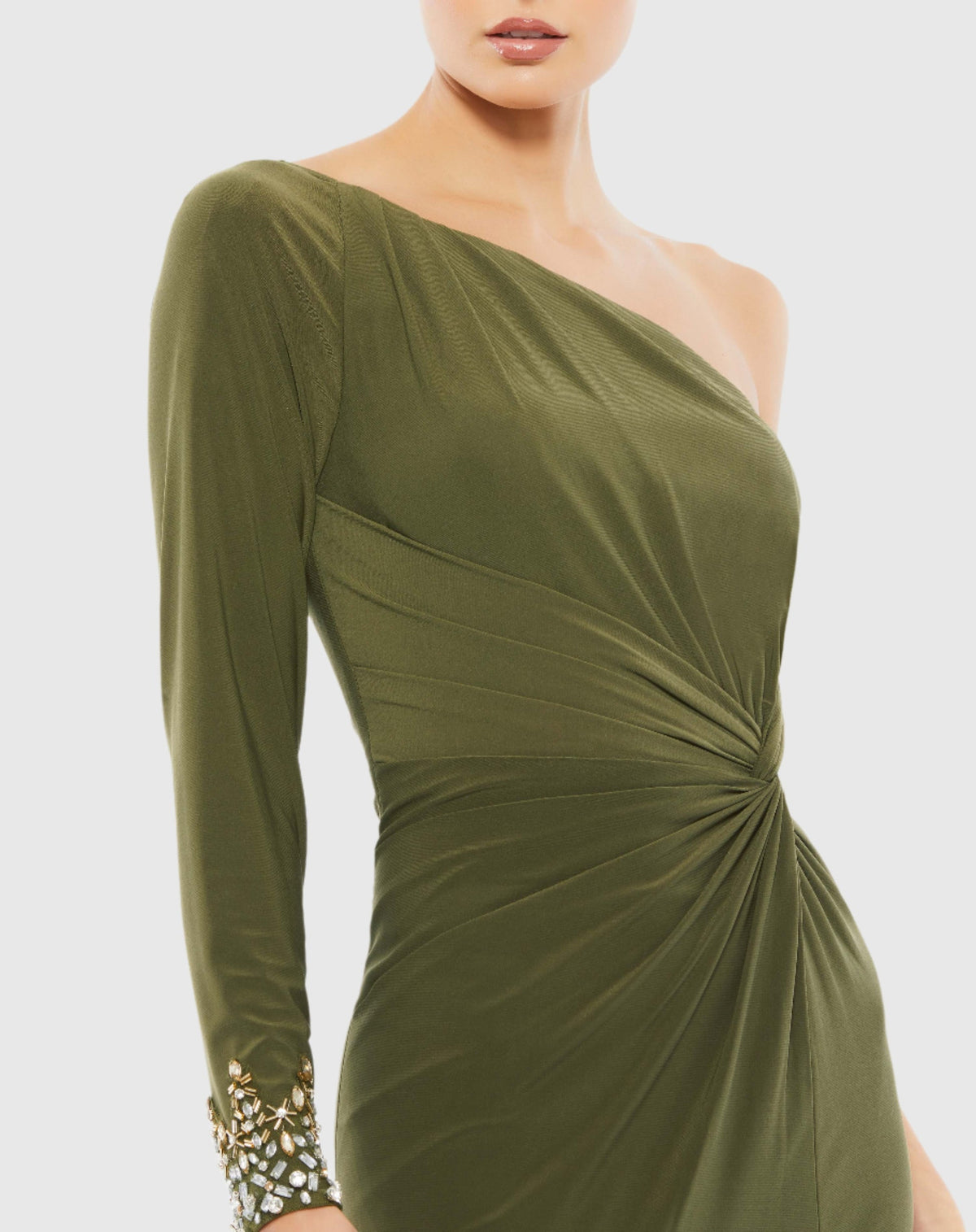 Twist front embellished one sleeve jersey gown - Olive