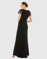Black Embellished Sleeve Jersey Wrap Gown - Back