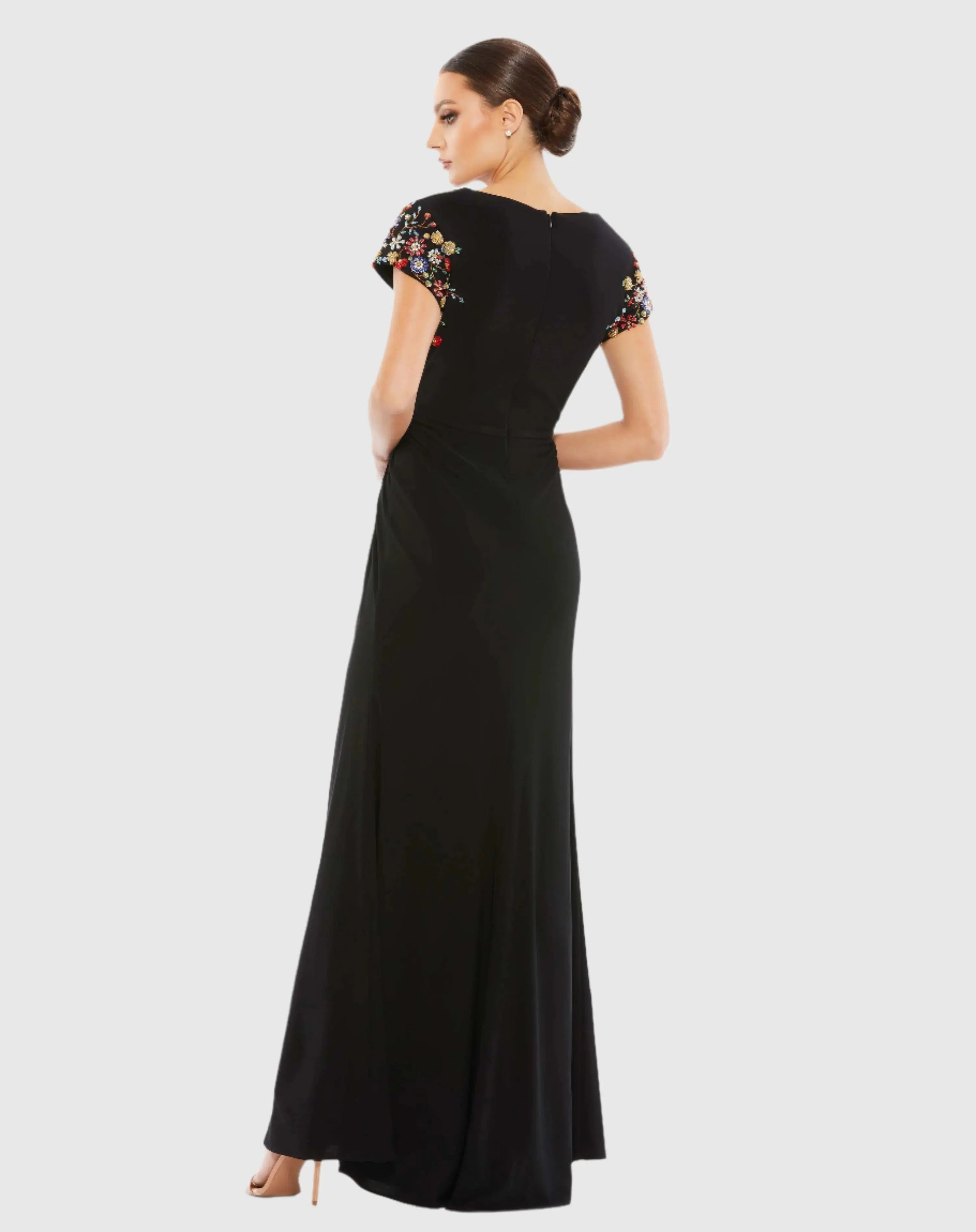 Black Embellished Sleeve Jersey Wrap Gown - Back