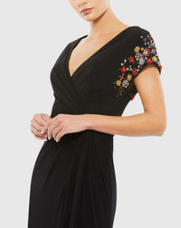 Black Embellished Sleeve Jersey Wrap Gown - Close Up