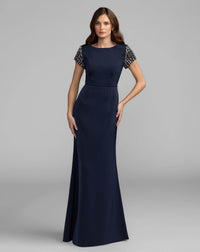Mac Duggal #55718 midnight beaded cap sleeve satin column gown