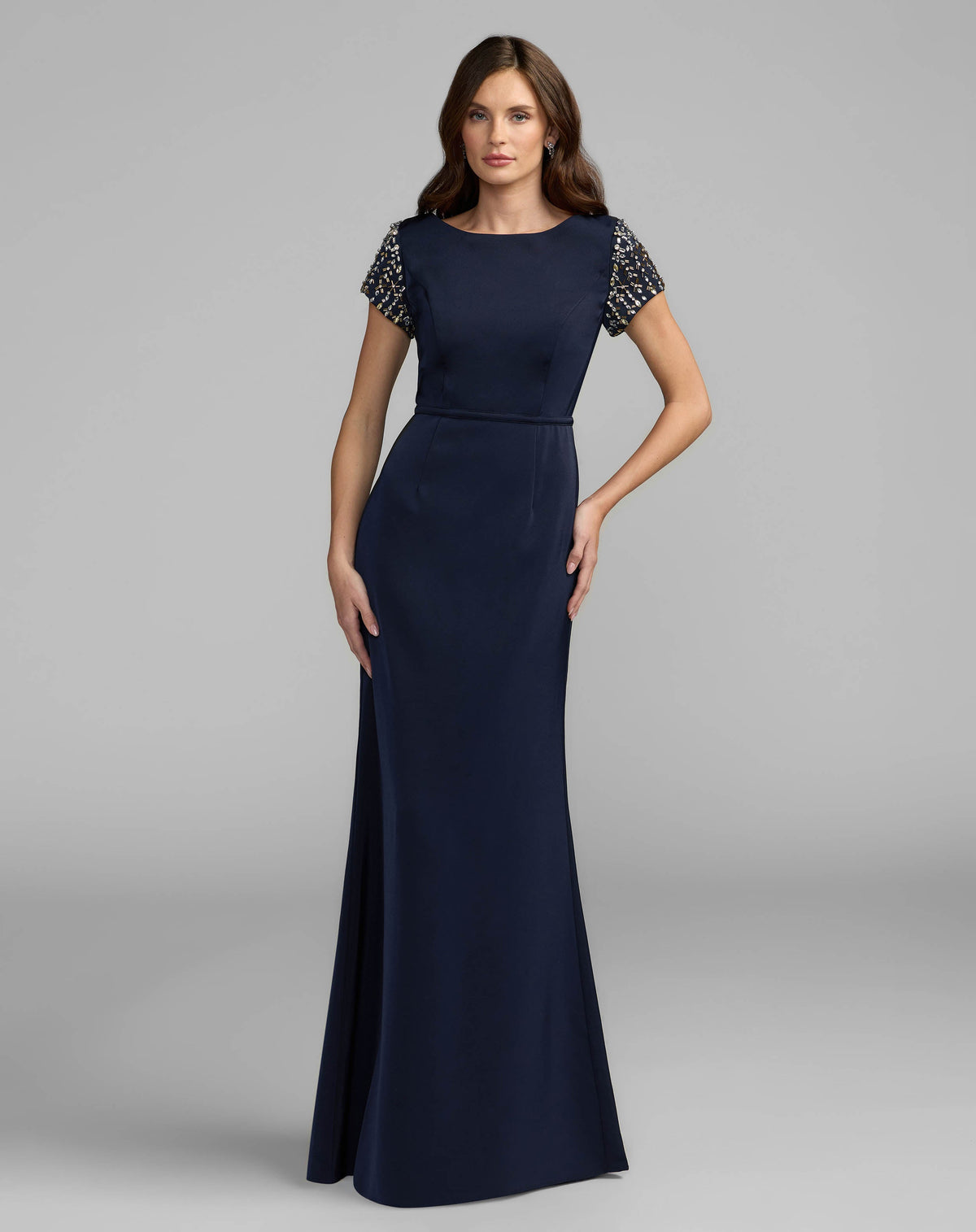 Mac Duggal #55718 midnight beaded cap sleeve satin column gown