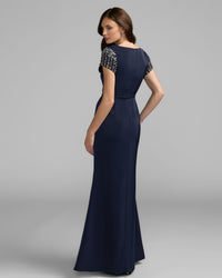 Mac Duggal #55718 midnight beaded cap sleeve satin column gown
