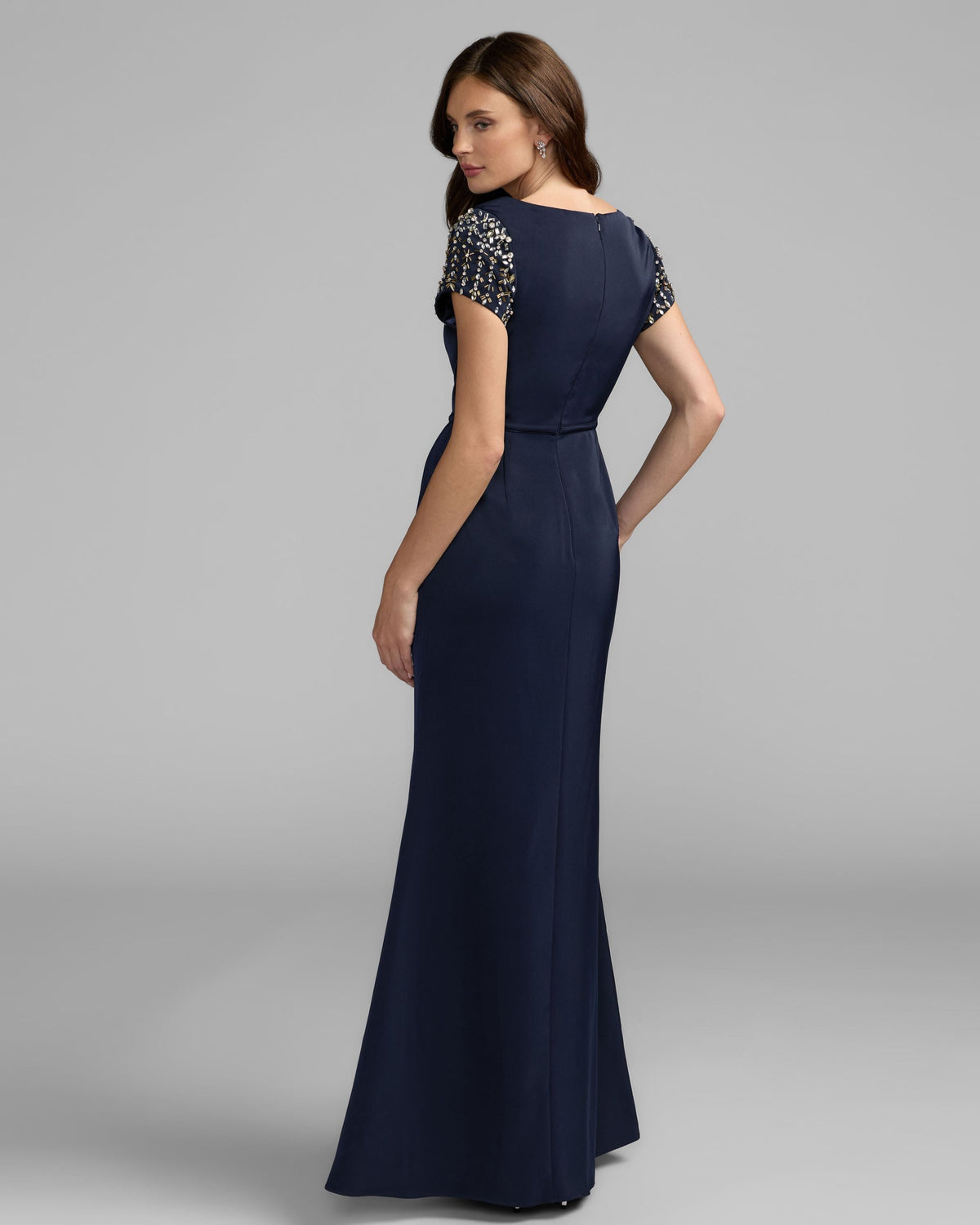 Mac Duggal #55718 midnight beaded cap sleeve satin column gown