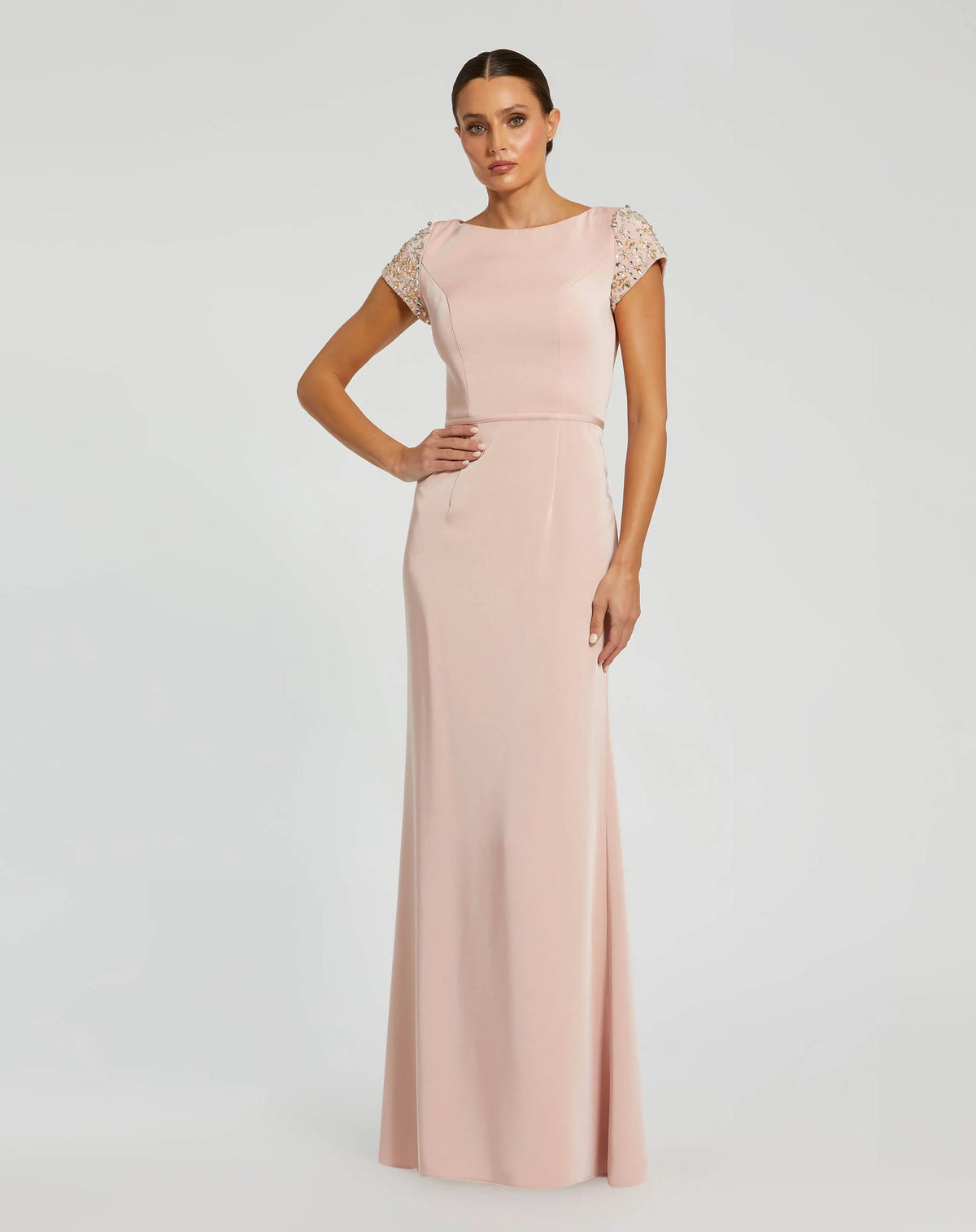 Mac Duggal Light Pink Beaded Cap Sleeve Satin Column Gown #55718 Shaide Boutique Mac Duggal Light Pink Beaded Cap Sleeve Satin Column Gown #55718 Shaide Boutique
