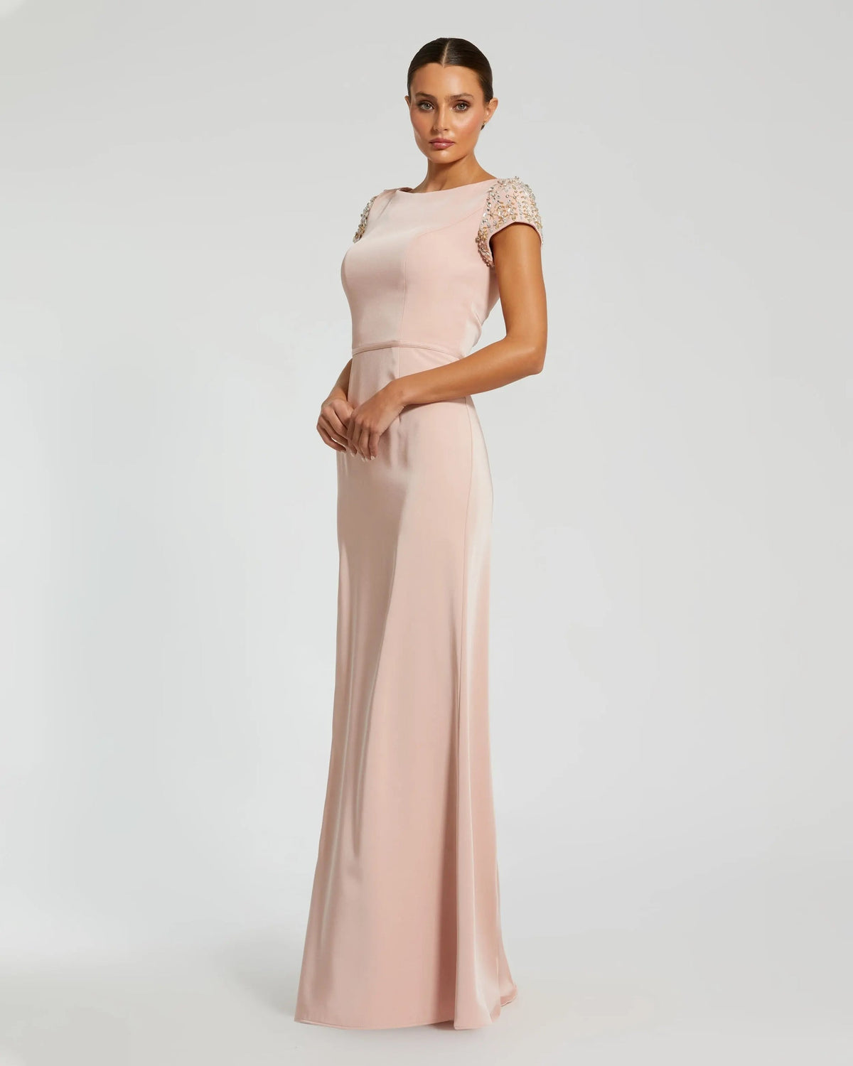 Mac Duggal Light Pink Beaded Cap Sleeve Satin Column Gown #55718 