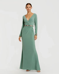 Mac Duggal Green Jersey Long Sleeve V Neck Gown With Beaded Belt #55784