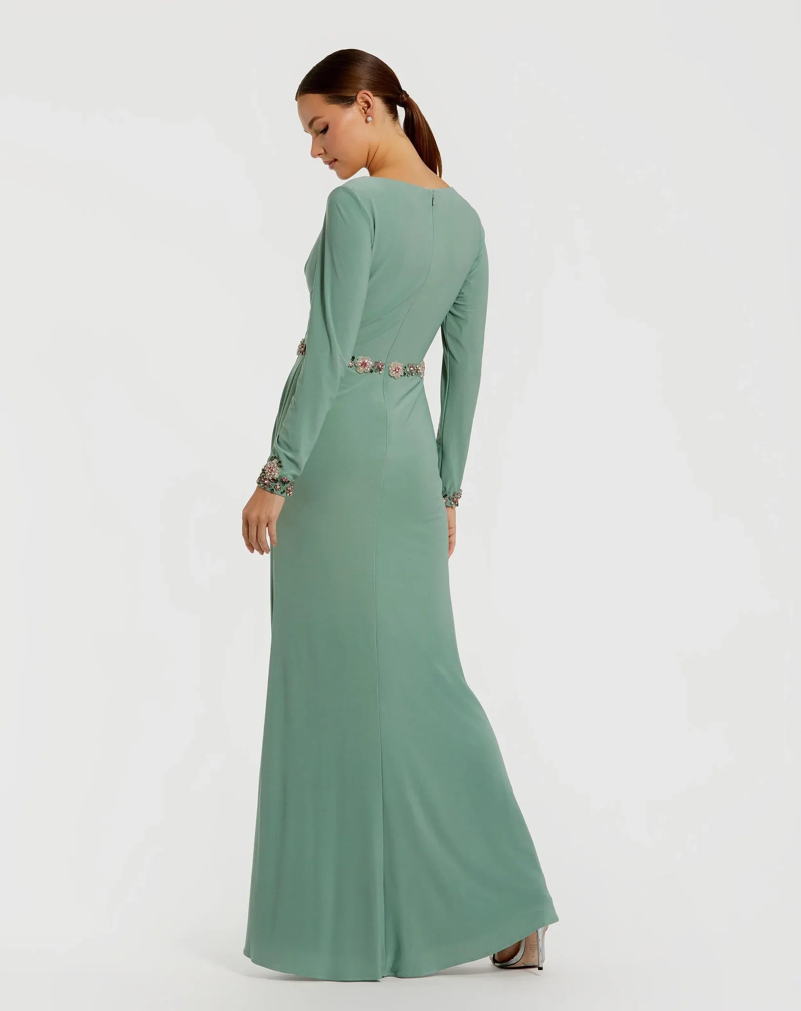 Mac Duggal Green Jersey Long Sleeve V Neck Gown With Beaded Belt #55784