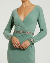 Mac Duggal Green Jersey Long Sleeve V Neck Gown With Beaded Belt #55784