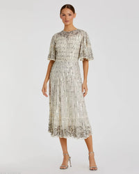 Mac Duggal 5579 Nude Silver beaded mesh flare sleeve high neck midi dress - front