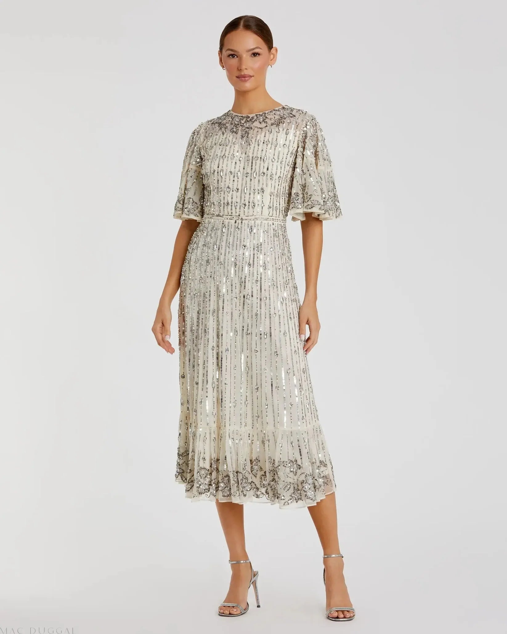 Mac Duggal 5579 Nude Silver beaded mesh flare sleeve high neck midi dress - front