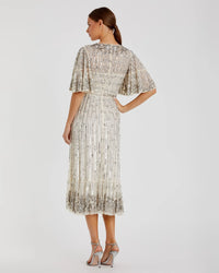 Mac Duggal 5579 Nude Silver beaded mesh flare sleeve high neck midi dress - back