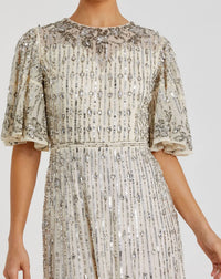 Mac Duggal 5579 Nude Silver beaded mesh flare sleeve high neck midi dress - detail