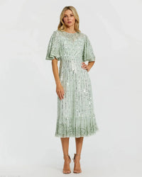 Mac Duggal 5579 Sage beaded mesh flare sleeve high neck midi dress - front