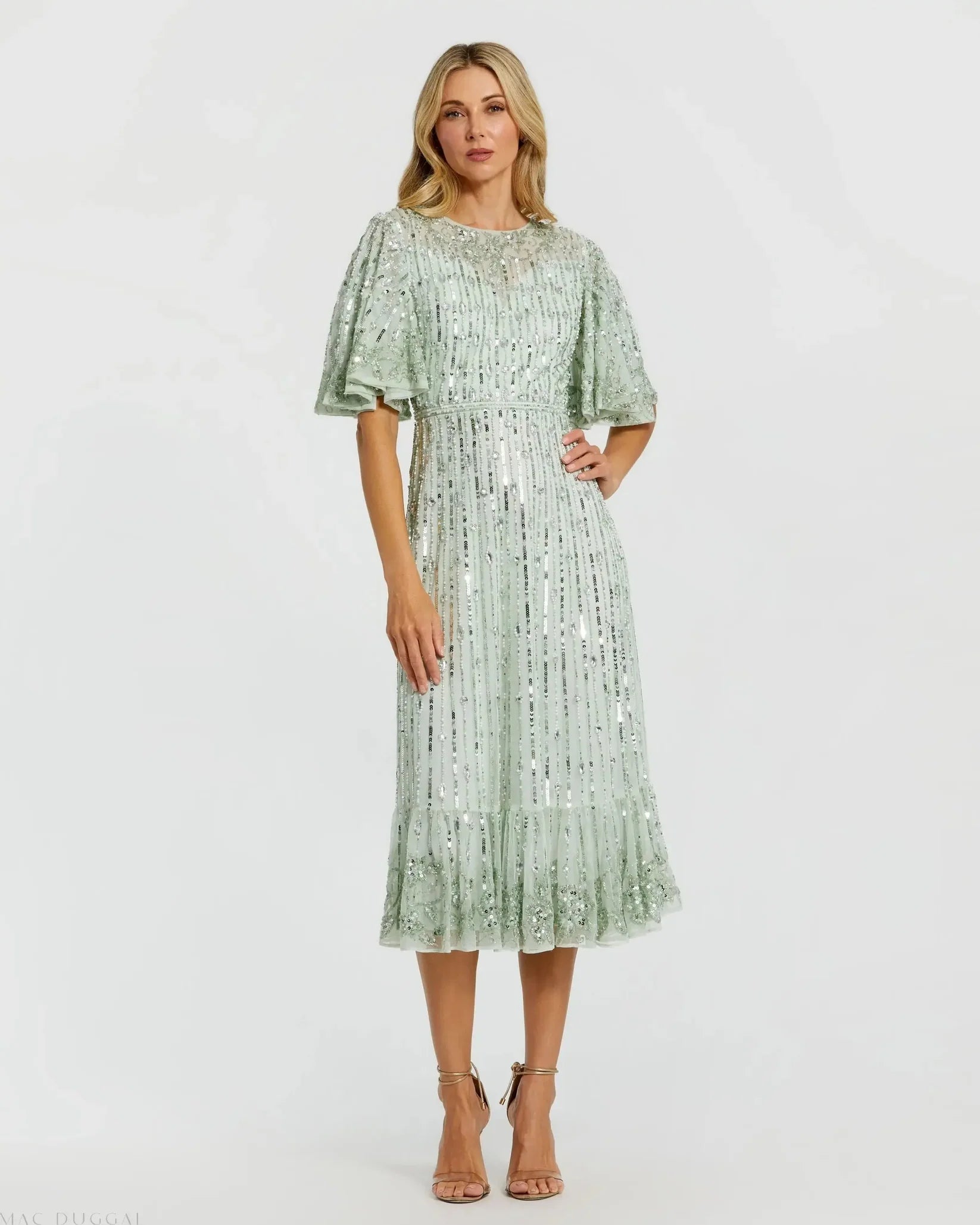 Mac Duggal 5579 Sage beaded mesh flare sleeve high neck midi dress - front