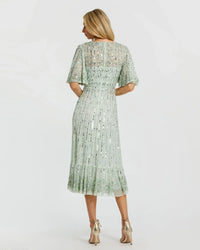 Mac Duggal 5579 Sage beaded mesh flare sleeve high neck midi dress - back