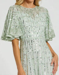 Mac Duggal 5579 Sage beaded mesh flare sleeve high neck midi dress - detail