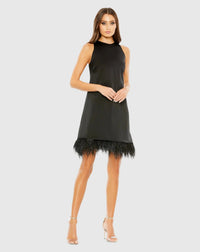 Mac Duggal 55805 Black feathered hem high neck sleeveless trapeze dress - Front