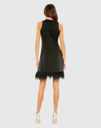 Mac Duggal 55805 Black feathered hem high neck sleeveless trapeze dress - Back view