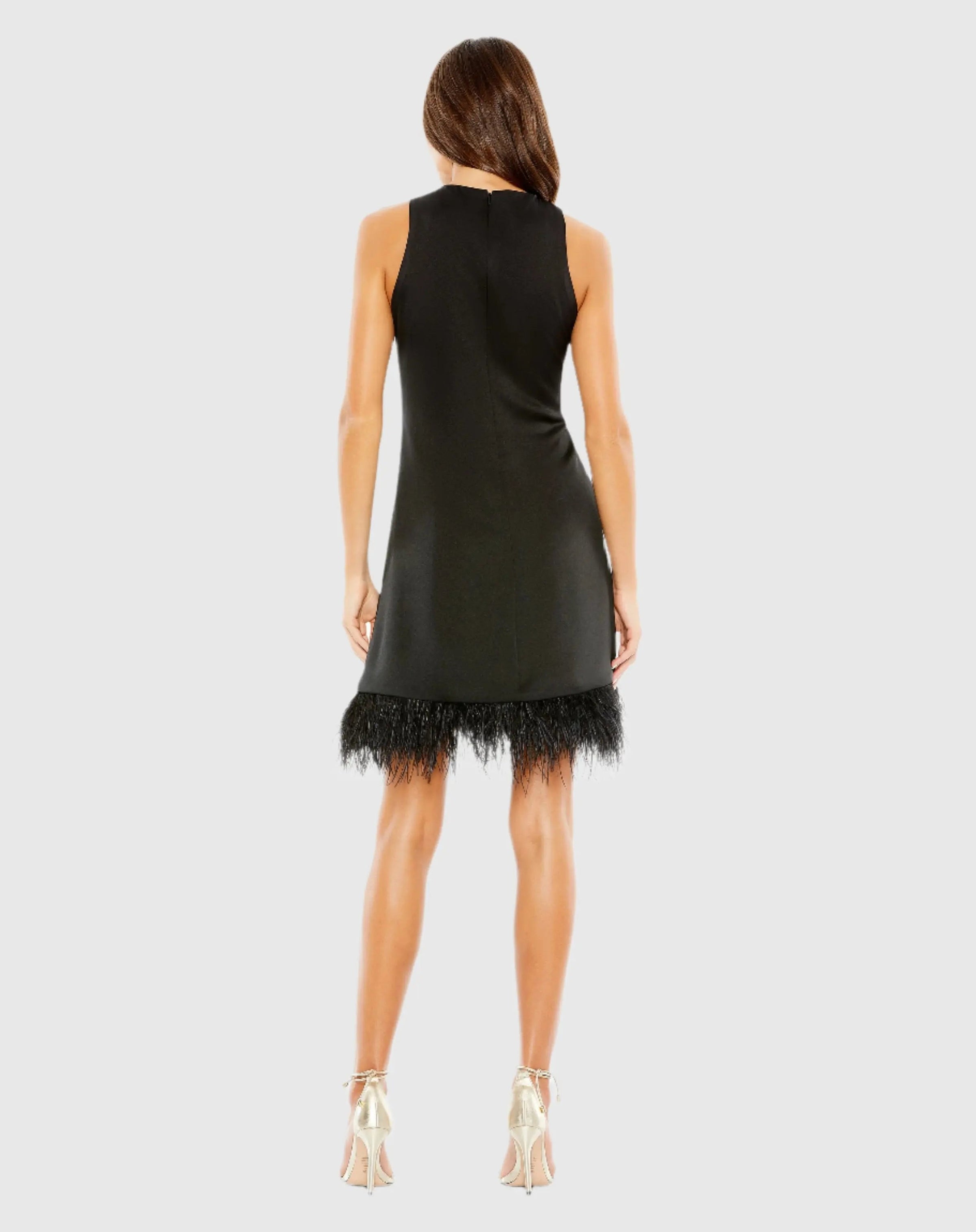 Mac Duggal 55805 Black feathered hem high neck sleeveless trapeze dress - Back view