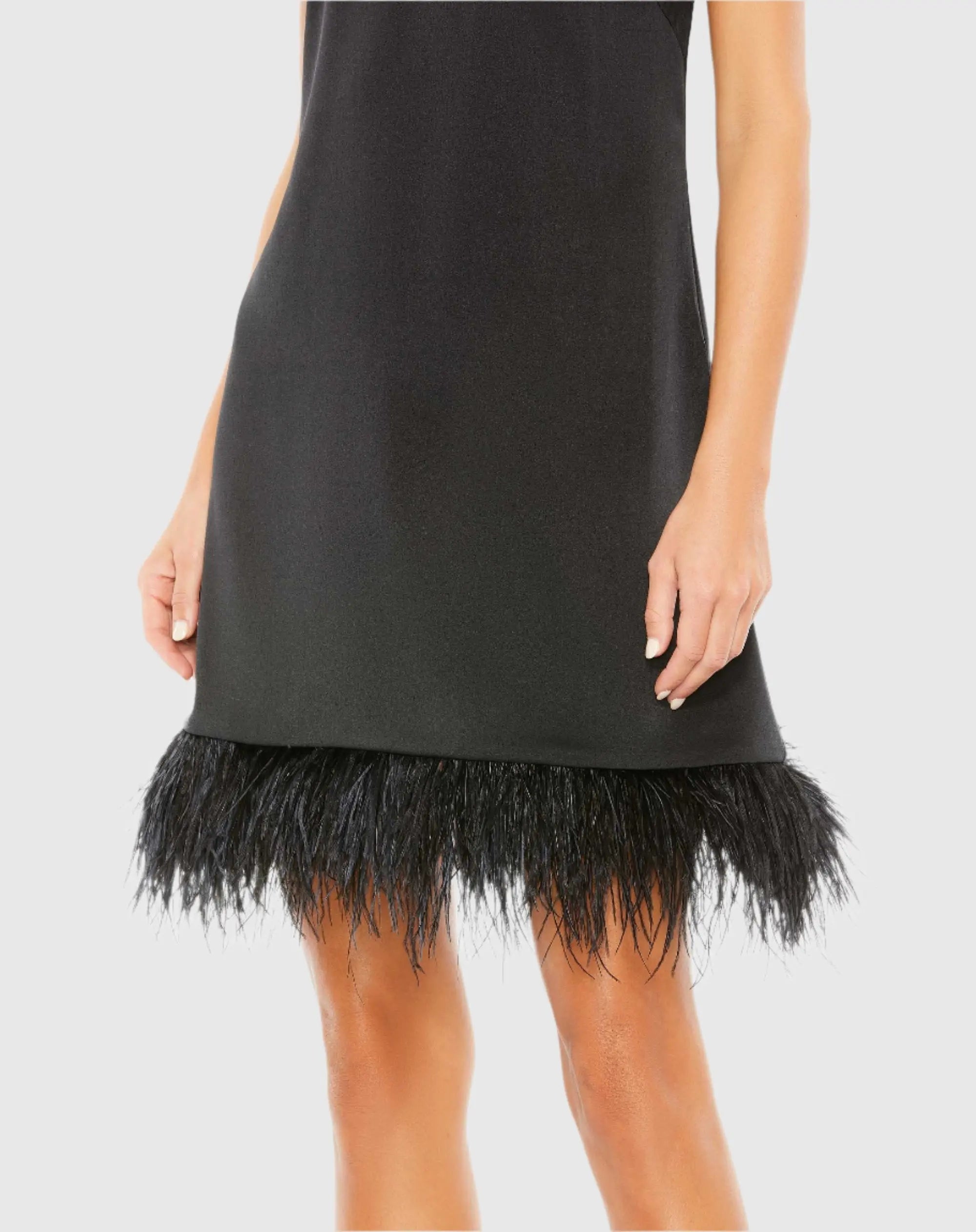 Mac Duggal 55805 Black feathered hem high neck sleeveless trapeze dress - Close up detail