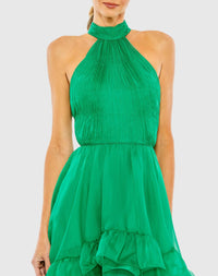 Ruffle Tiered High Low Pleated Halter Neck Gown - Tangerine