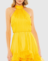 Ruffle Tiered High Low Pleated Halter Neck Gown - Tangerine