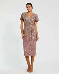 Purple Embellished Faux Wrap Flutter Sleeve Dress