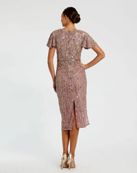 Purple Embellished Faux Wrap Flutter Sleeve Dress - Back