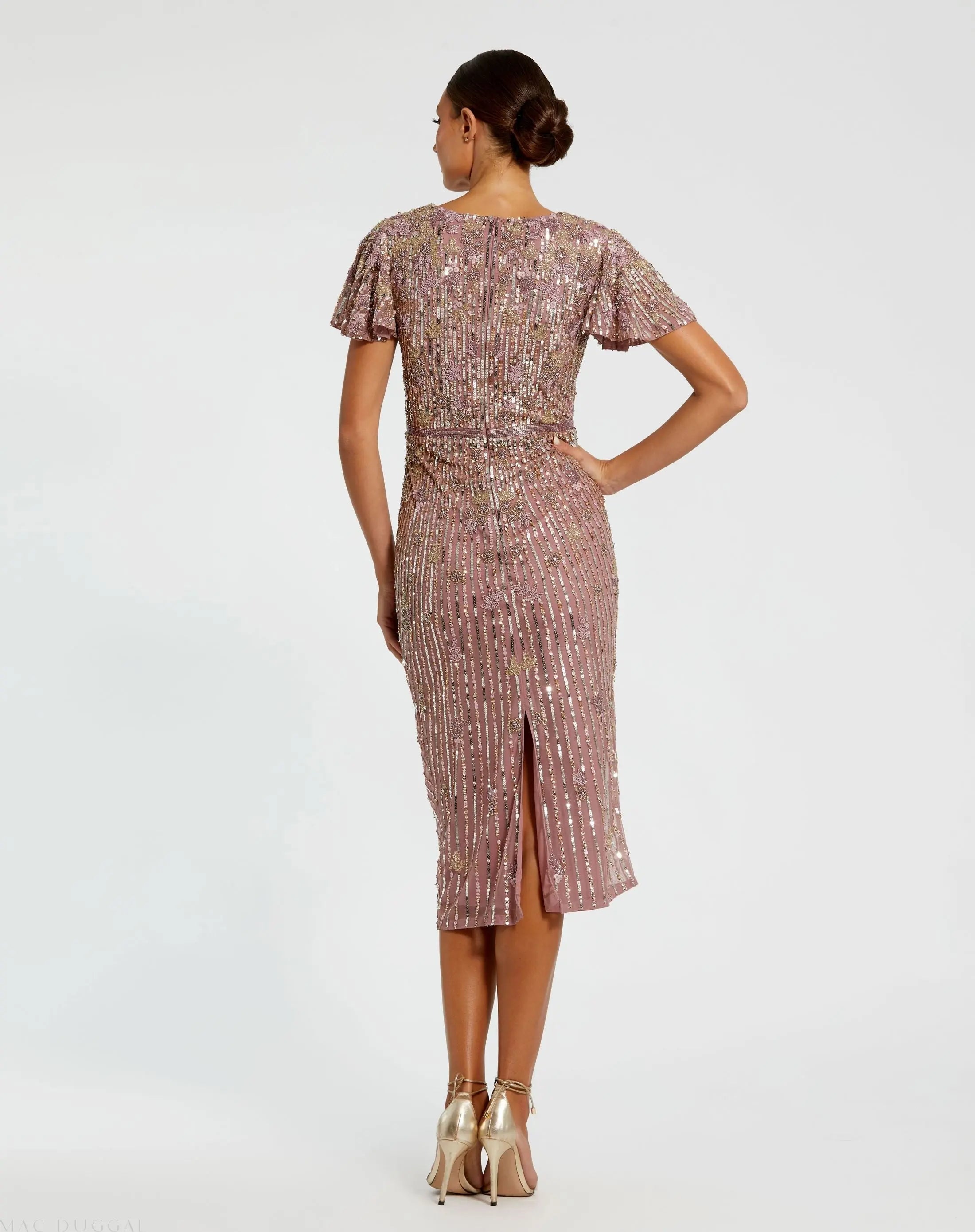 Purple Embellished Faux Wrap Flutter Sleeve Dress - Back