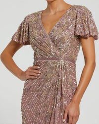 Purple Embellished Faux Wrap Flutter Sleeve Dress - Close Up