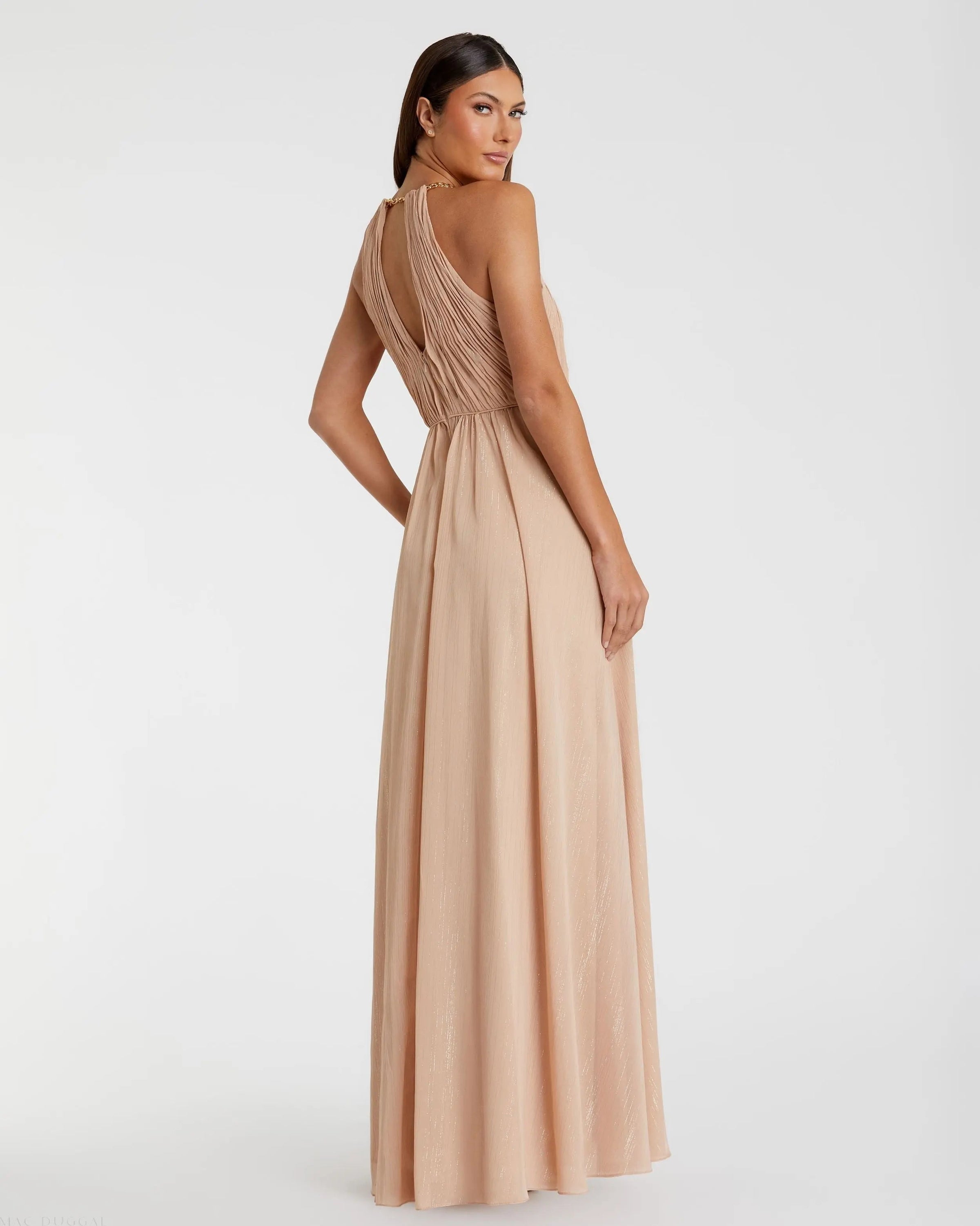 Beige Chain Trim Keyhole Halter Neck A Line Gown - Back
