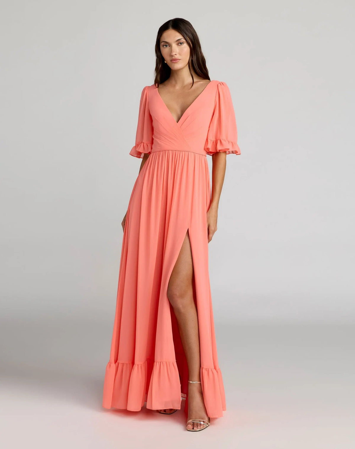 Mac Duggal 55867 Coral faux wrap ruffle trim A line gown - Front