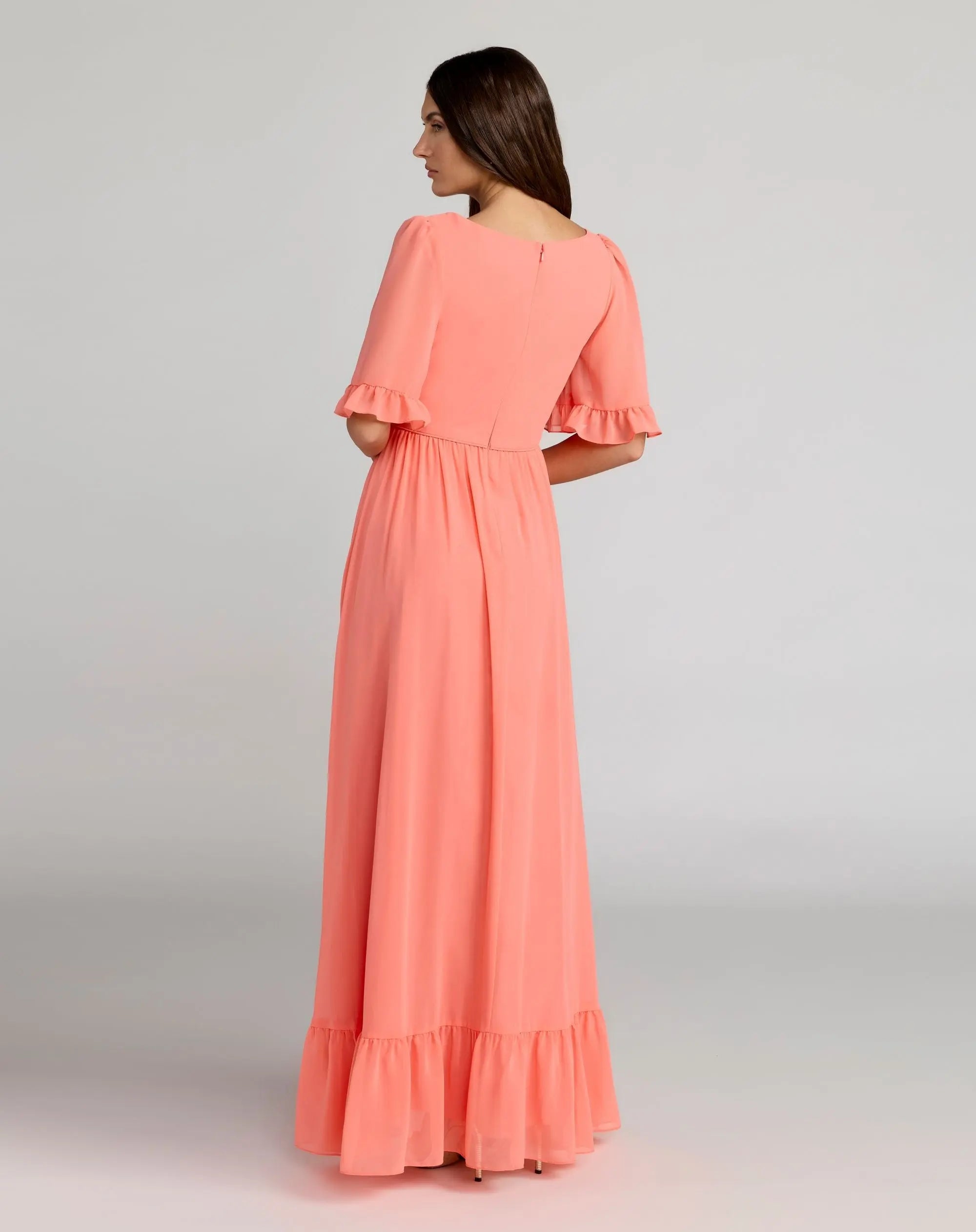 Mac Duggal 55867 Coral faux wrap ruffle trim A line gown - Back view