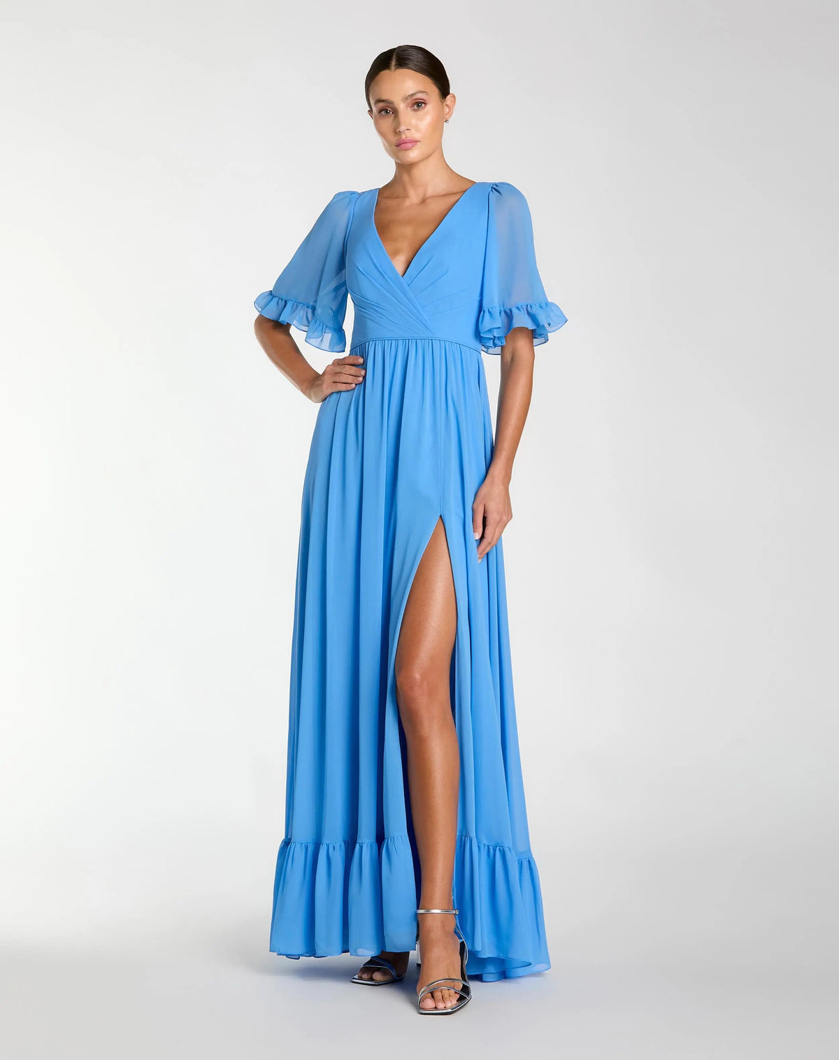 Mac Duggal 55867 Fusion Blue faux wrap ruffle trim A line gown - Front