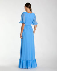 Mac Duggal 55867 Fusion Blue faux wrap ruffle trim A line gown - Back view
