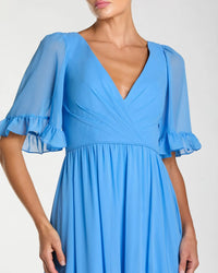 Mac Duggal 55867 Fusion Blue faux wrap ruffle trim A line gown - Close up detail