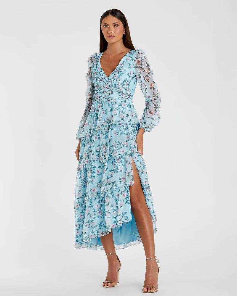 Mac Duggal, Floral print ruffle midi dress - Blue #55880
