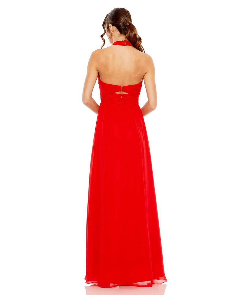 RUCHED HALTER STRAP KEYHOLE CHIFFON GOWN red back