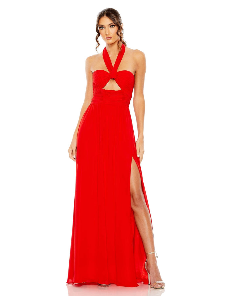 Style #55898 Designer: Mac Duggal RUCHED HALTER STRAP KEYHOLE CHIFFON GOWN red