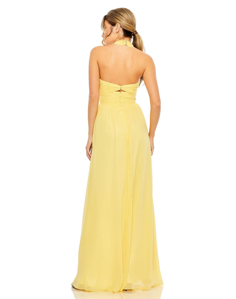 RUCHED HALTER STRAP KEYHOLE CHIFFON GOWN sunshine yellow back