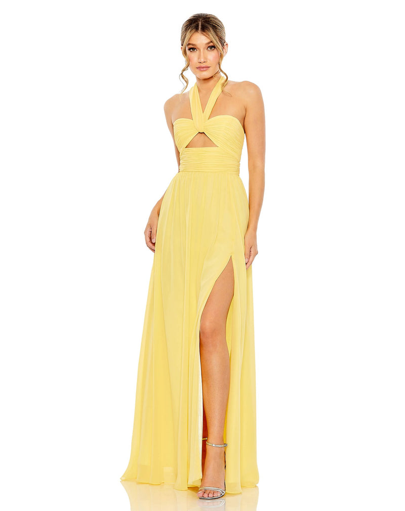 RUCHED HALTER STRAP KEYHOLE CHIFFON GOWN sunshine yellow