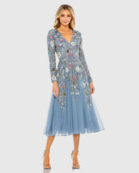 Mac Duggal Blue Hand Embellished Floral V-Neck Long Sleeve Dress #5594 Slate Blue Multi