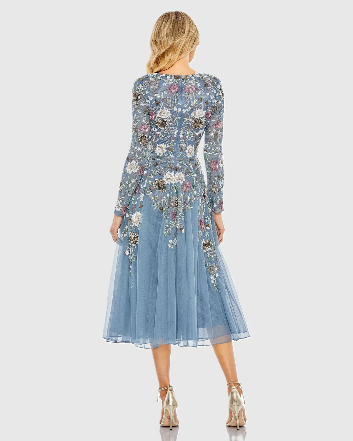 Mac Duggal Blue Hand Embellished Floral V-Neck Long Sleeve Dress #5594 Slate Blue Multi