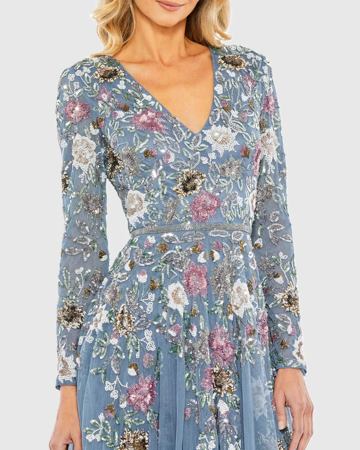 Mac Duggal Blue Hand Embellished Floral V-Neck Long Sleeve Dress #5594 Slate Blue Multi