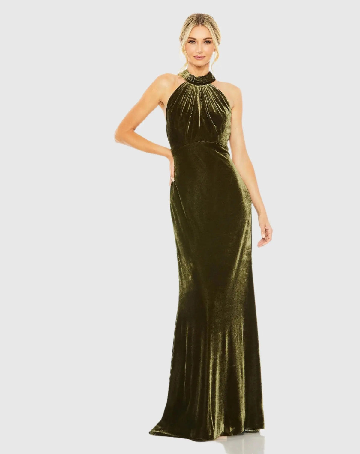 Mac Duggal #55954 olive dark green velvet halter column gown
