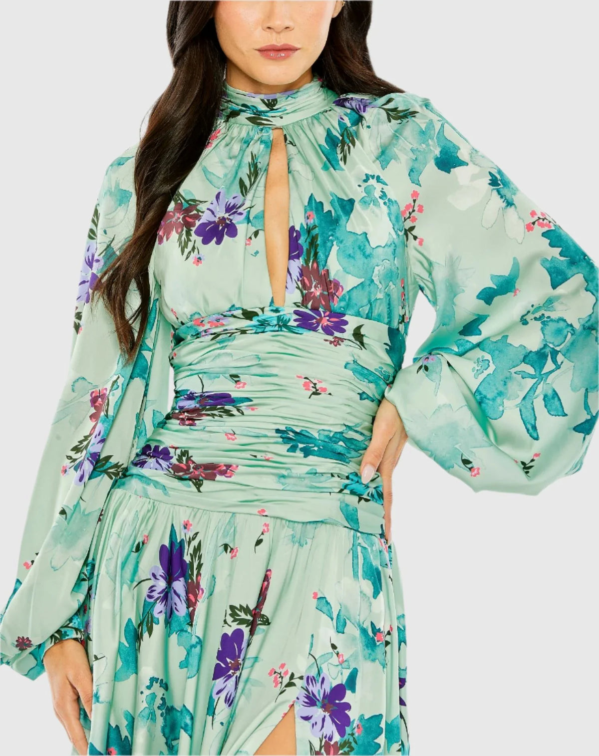 Keyhole Satin Long Sleeve Floral Gown - Sage